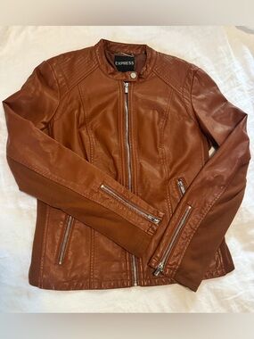 Express Women's Cognac Brown Zip-Front  Faux Leather Jacket